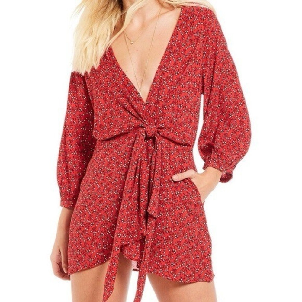Free People M Clara Floral Mini Tunic Top Dress Red Tie 3/4 Sleeve FP
